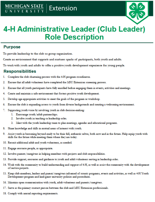 Page one of the 4-H Administrative Leader (Club Leader) Role Description document.