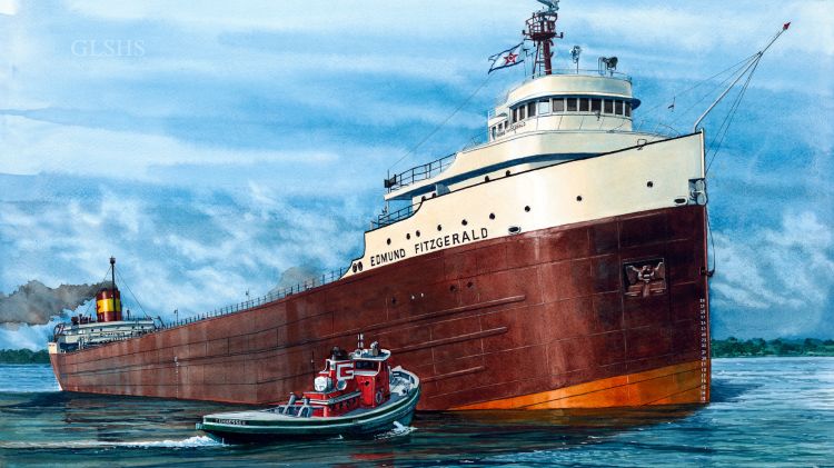 An artist's rendering of the freighter the Edmund Fitzgerald shown in the water with a small boat next to it.