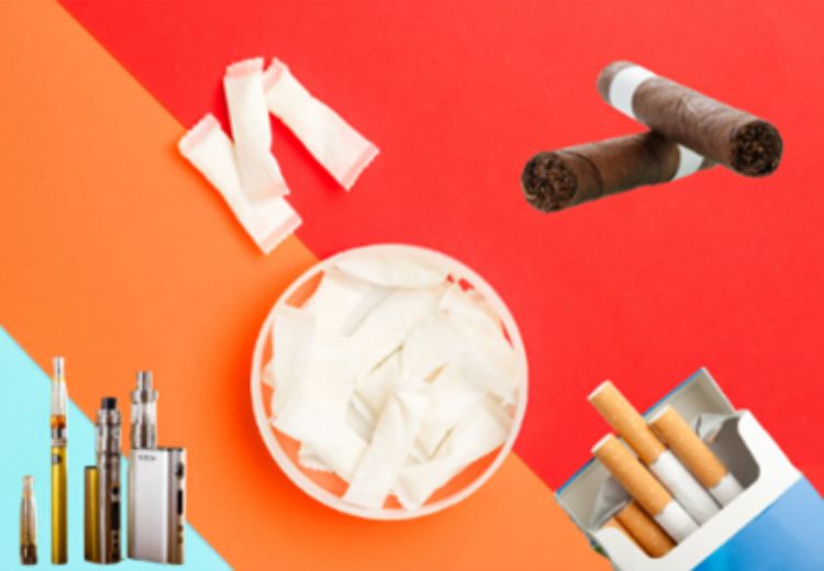 Picture of cigarettes, dissolvable tobacco, vapes and a cigar.