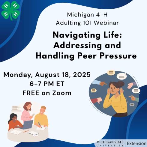 Cartoon graphics of people talking and another of a girl having multiple speech bubbles and hands reaching out at her with thumbs up, thumbs down, pointing fingers. The 4-H clover is also on the graphic.