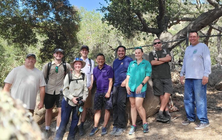 Setting up trail counters in the Los Padres National Forest and taking location data. L to R: Dr. Alyssa Thomas, USDA Forest Service; Dr. Brian Peterson, Kansas State University; and Arie Oosterom, MS student in CSUS. Photo credit: Bess Perry
