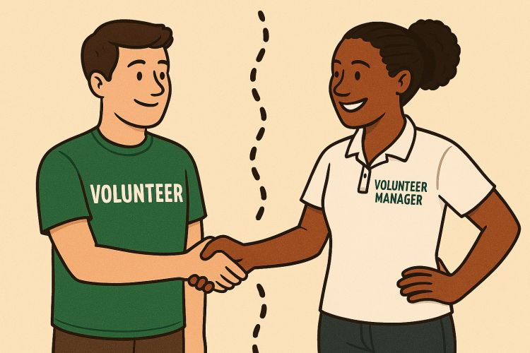Illustration with a volunteer and volunteer manager shaking hands with each other with a dotted line between them to model healthy boundaries.