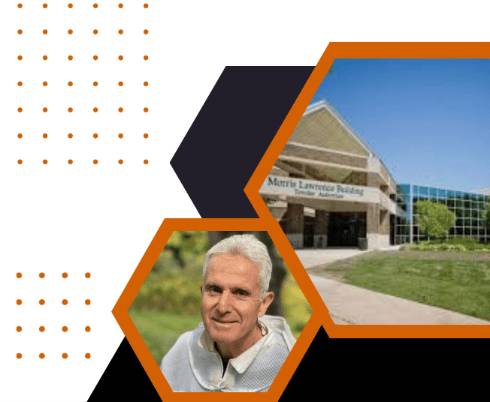 Picture of keynote speaker Bill Hesbach and Washtenaw Community College Morris Lawrence Building.