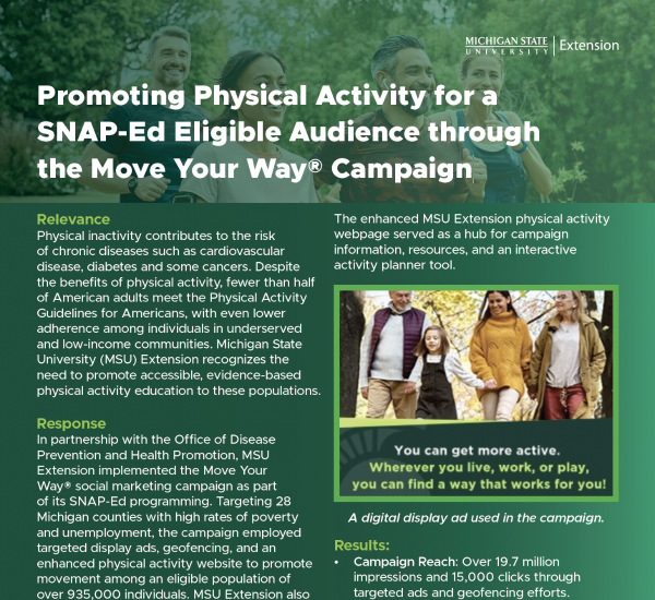A image of the Promoting Physical Activity for a SNAP-Ed Eligible Audience through the Move Your Way® Campaign document.  The image includes the title overlayed a group of four adults jogging.