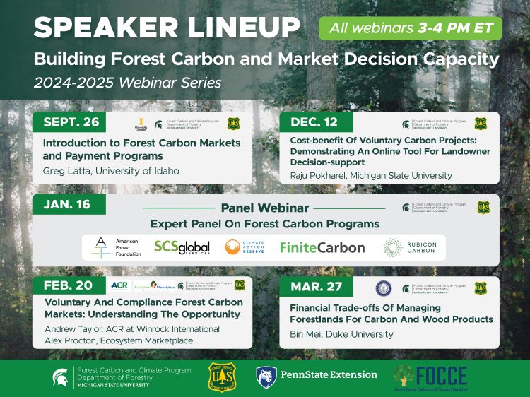 Speaker lineup flyer for the 2024-25 Building Forest Carbon and Market Decision Capacity webinar series. All webinars are from 3-4 pm ET.