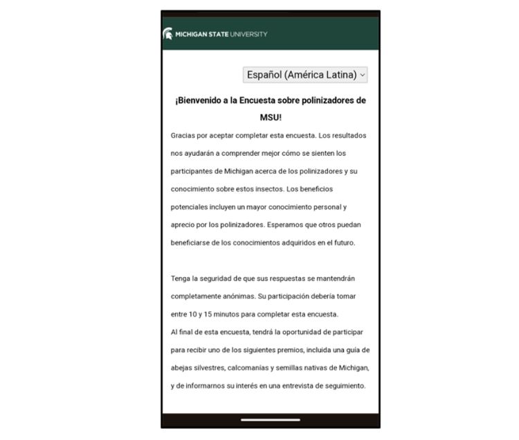 A mobile phone with the MSU Pollinator Survey on the screen.