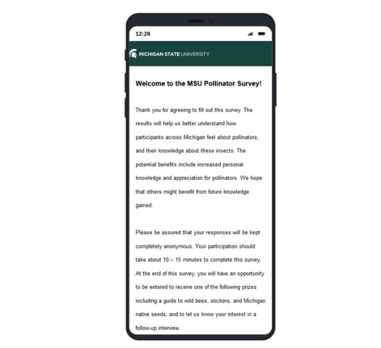 A mobile phone with the MSU Pollinator Survey on the screen.