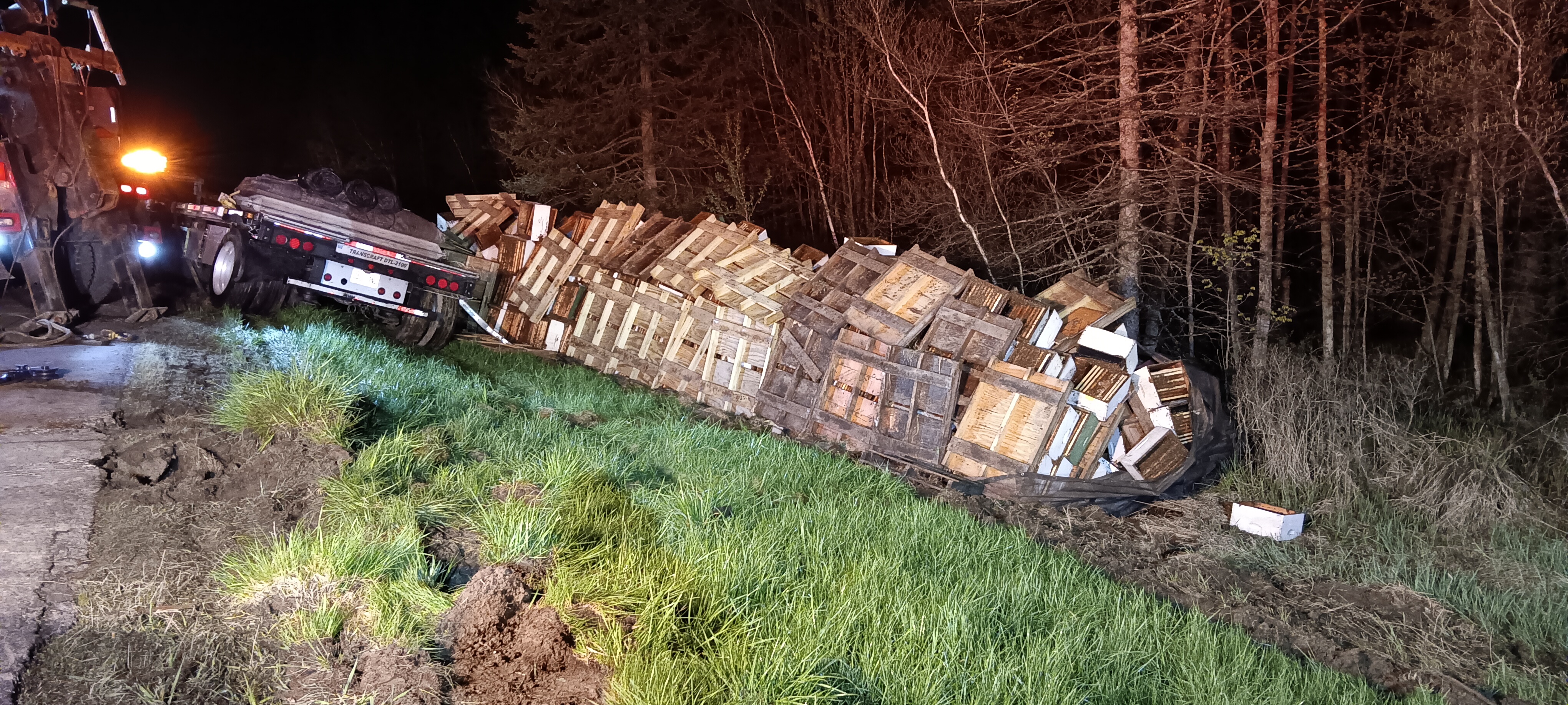 A semi-truck trailer with honey bee hives overturned on the ground. 