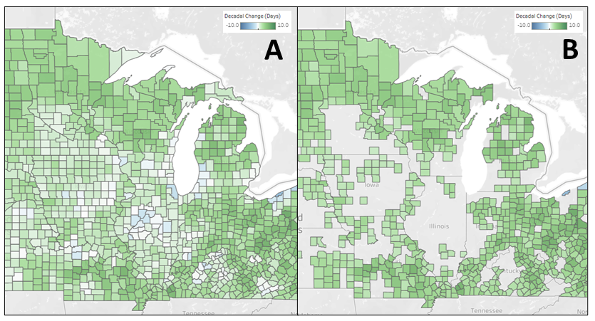 Map of the Midwest with counties highlighted in different colors.