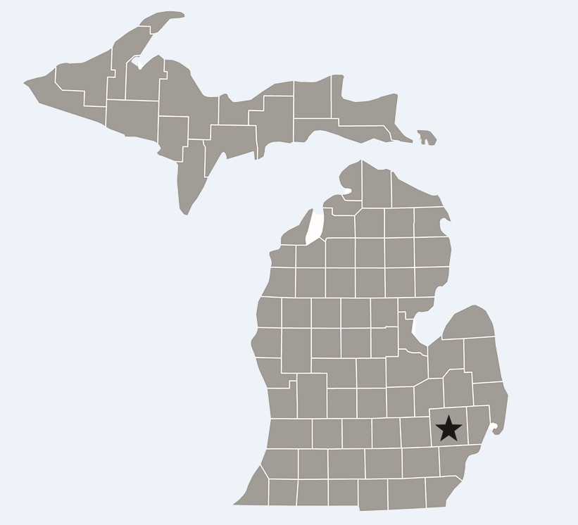 Map of Michigan with a star over Oakland County.