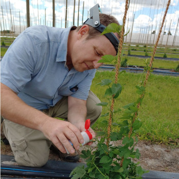 Steven Arthurs next to a plant.