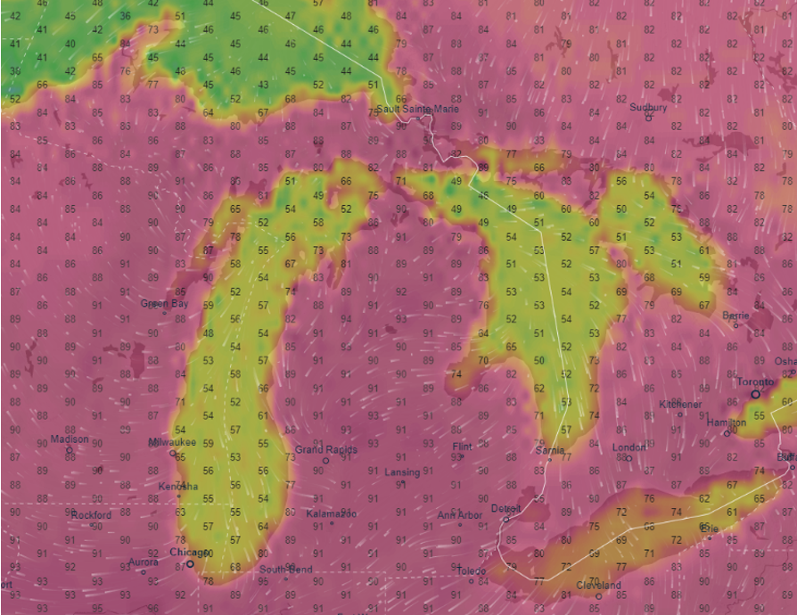 Map of Michigan showing predicted temperatures.