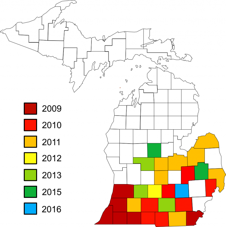 Map of counties with confirmed Soybean Sudden Death Syndrome