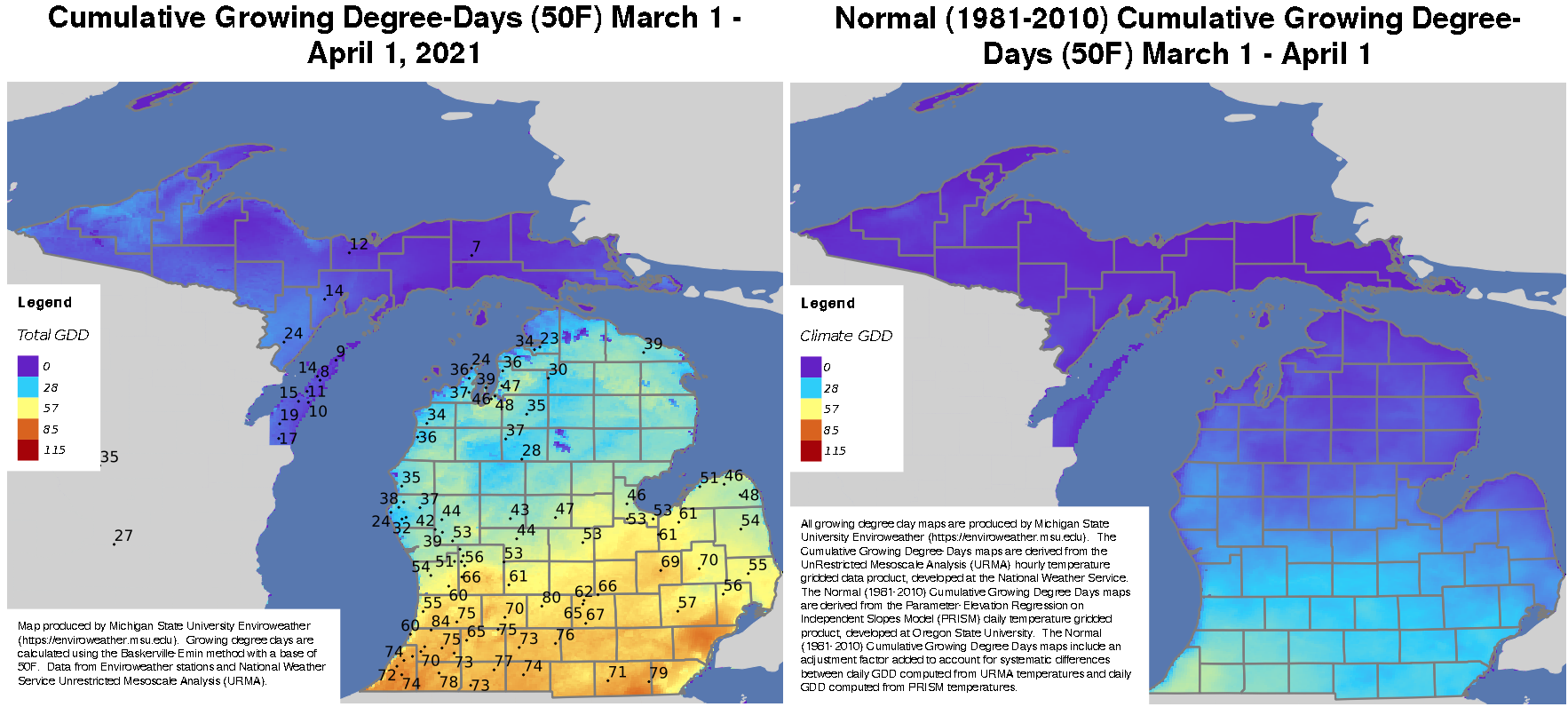 Maps of GDD in Michigan.