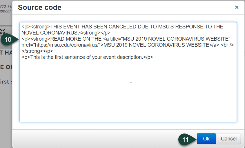 Shows the Source Code or HTML code window and placement for the new code content to be inserted before the event description content.