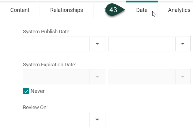 Showing the Date tab with related System Publish Date and System Expiration Date fields.