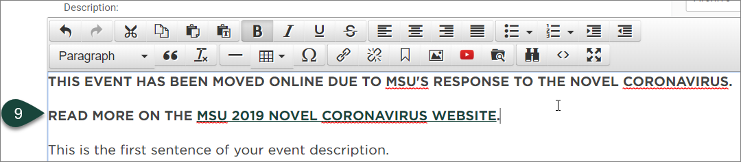 Shows the Description field with the new text to insert before the text highlighting the event details.