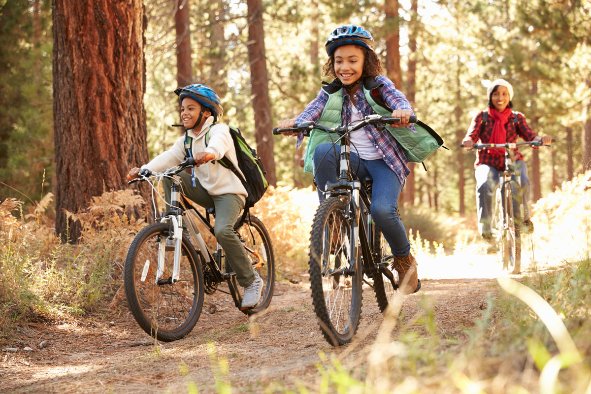 Family riding bikes in woods