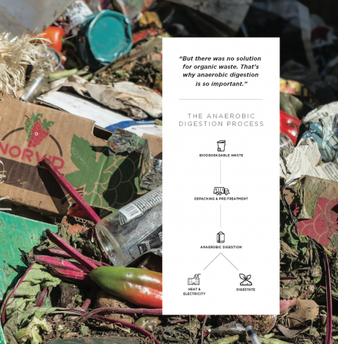 Anaerobic Digestion process: biodegradable waste, depicting and pre-treatment, anaerobic digestion, heat and electricity and digestive