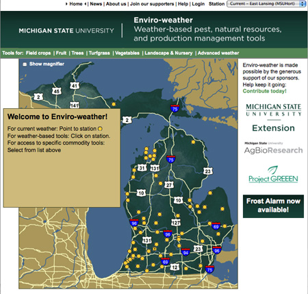 Enviro-weather station locations are indicated by yellow dots.