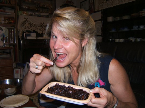 Jan Brinn eating grasshoppers