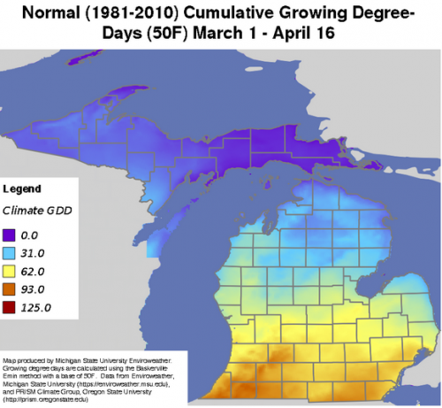 Enviroweather map showing normal cumulative growing degree-days.